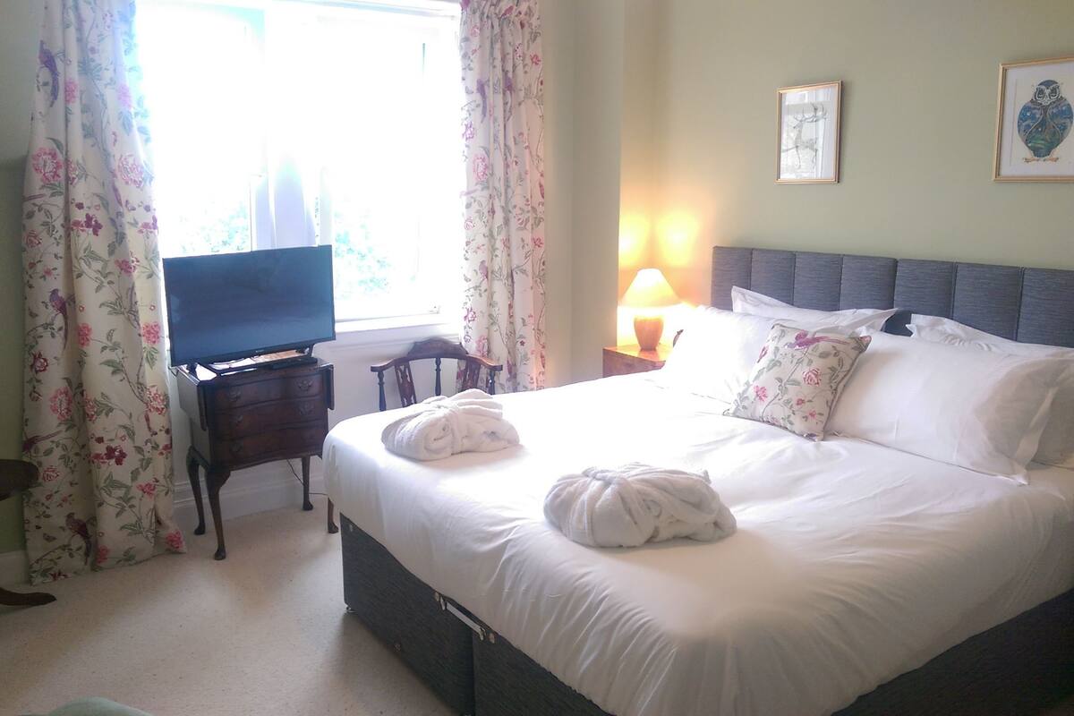 A hotel room with a bed, a television on a wooden stand, a bedside table with a lamp, and floral curtains.