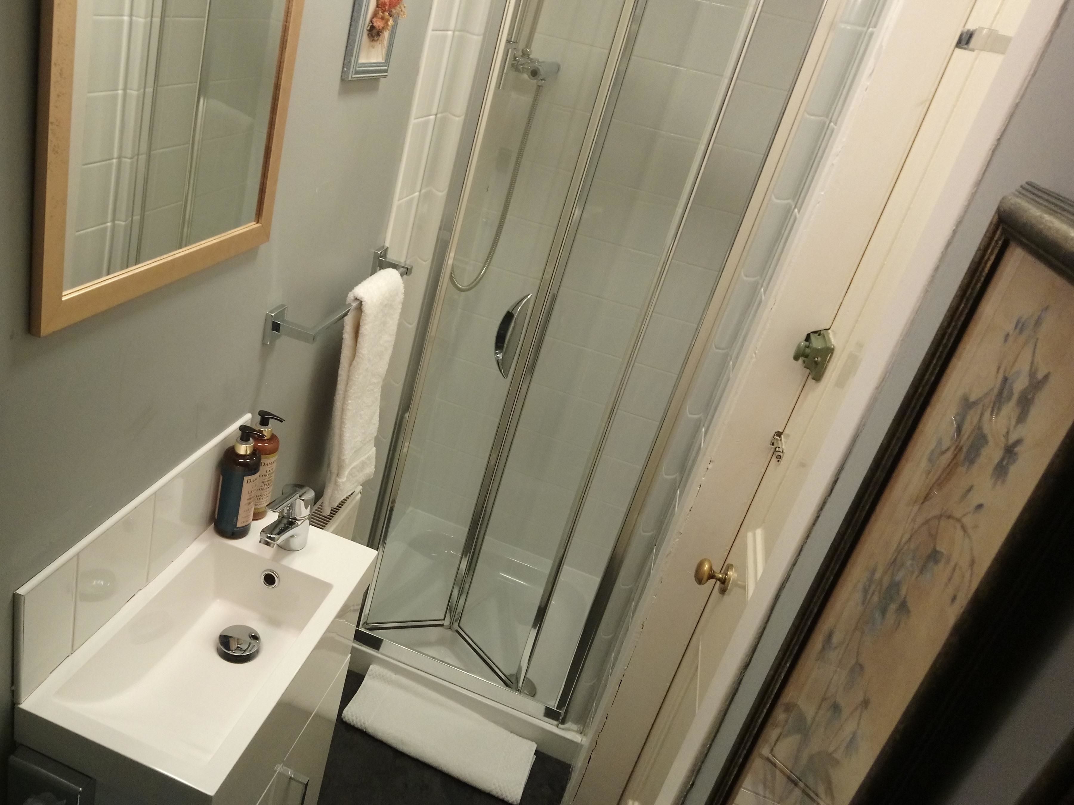 A bathroom with a glass-enclosed shower, a sink with a mirror, and toiletries on the counter.