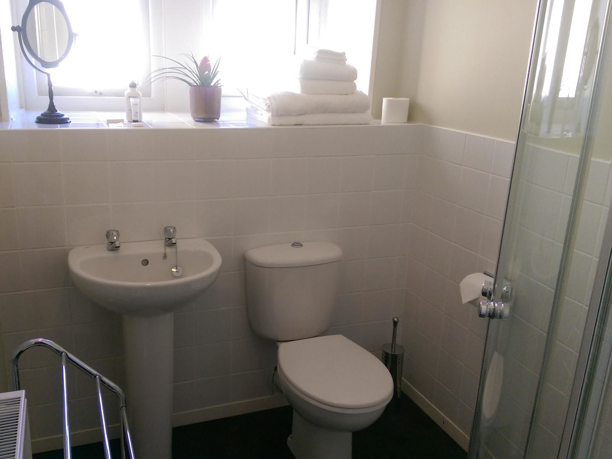 A bathroom with a sink, toilet, and a glass shower enclosure.