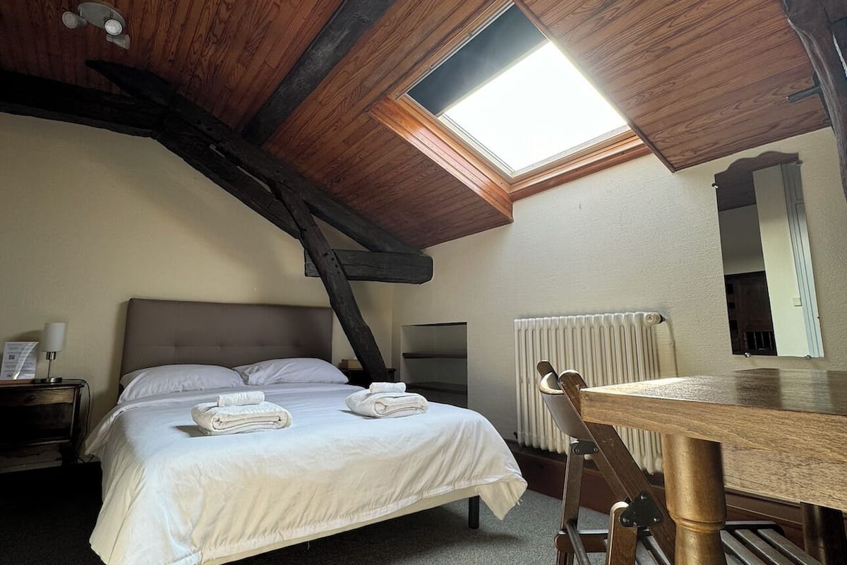 A bedroom with a sloped ceiling, a skylight, a bed, a nightstand, a table, and a radiator.