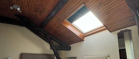 A bedroom with a sloped ceiling, a skylight, a bed, a nightstand, a table, and a radiator.
