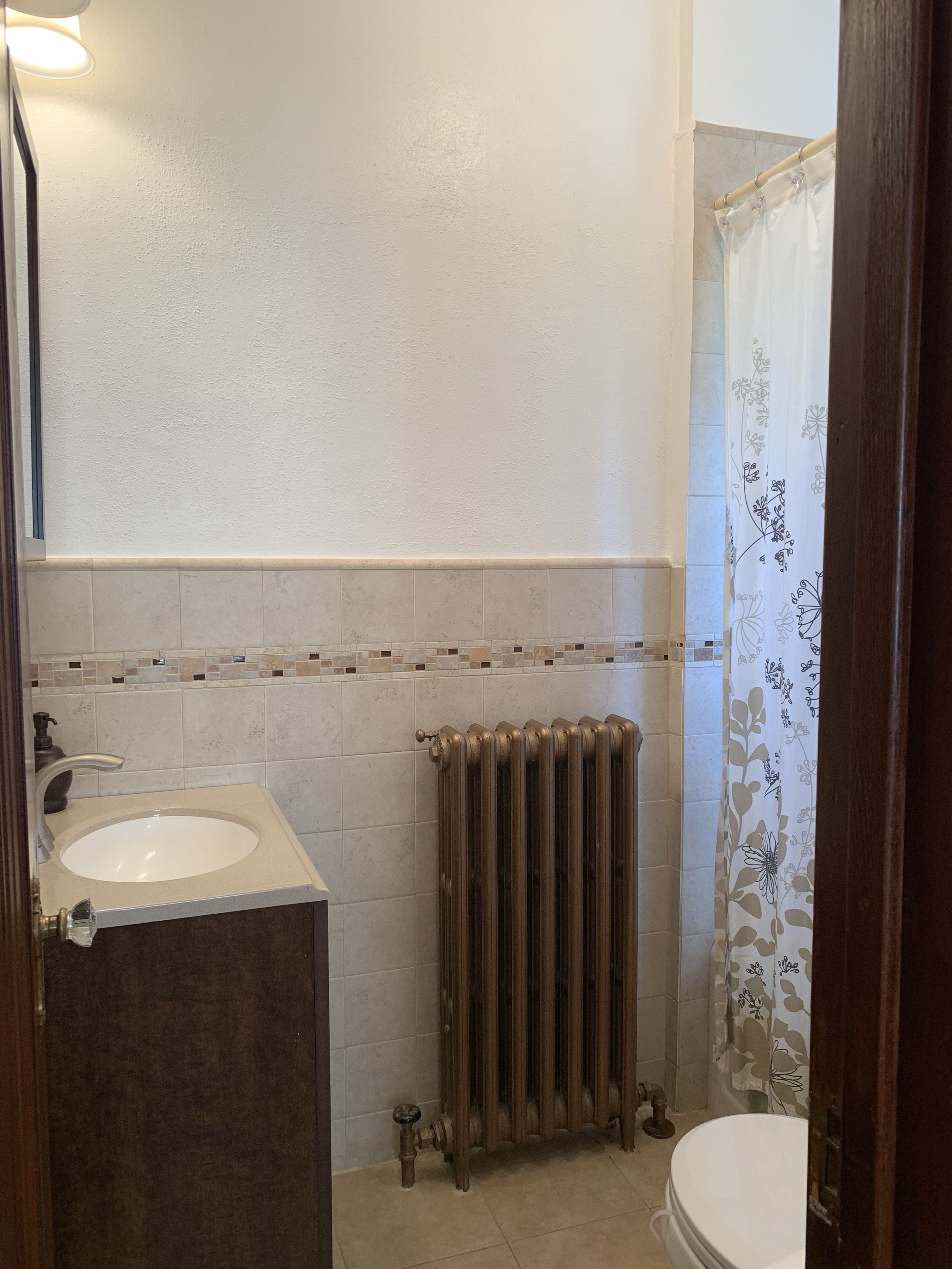 A bathroom with a sink, toilet, radiator, and shower curtain.