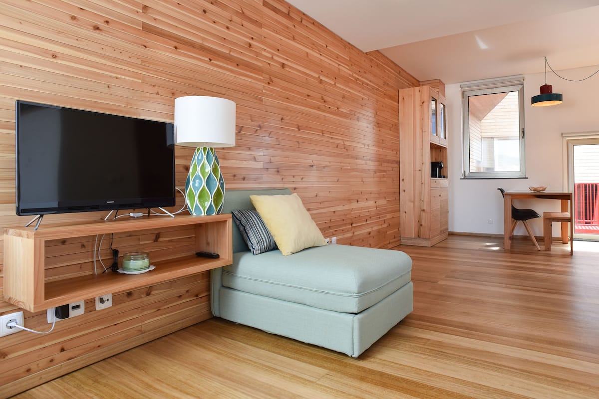 A modern room with a wooden wall, a flat-screen TV, a sofa with cushions, a lamp, and a wooden cabinet.