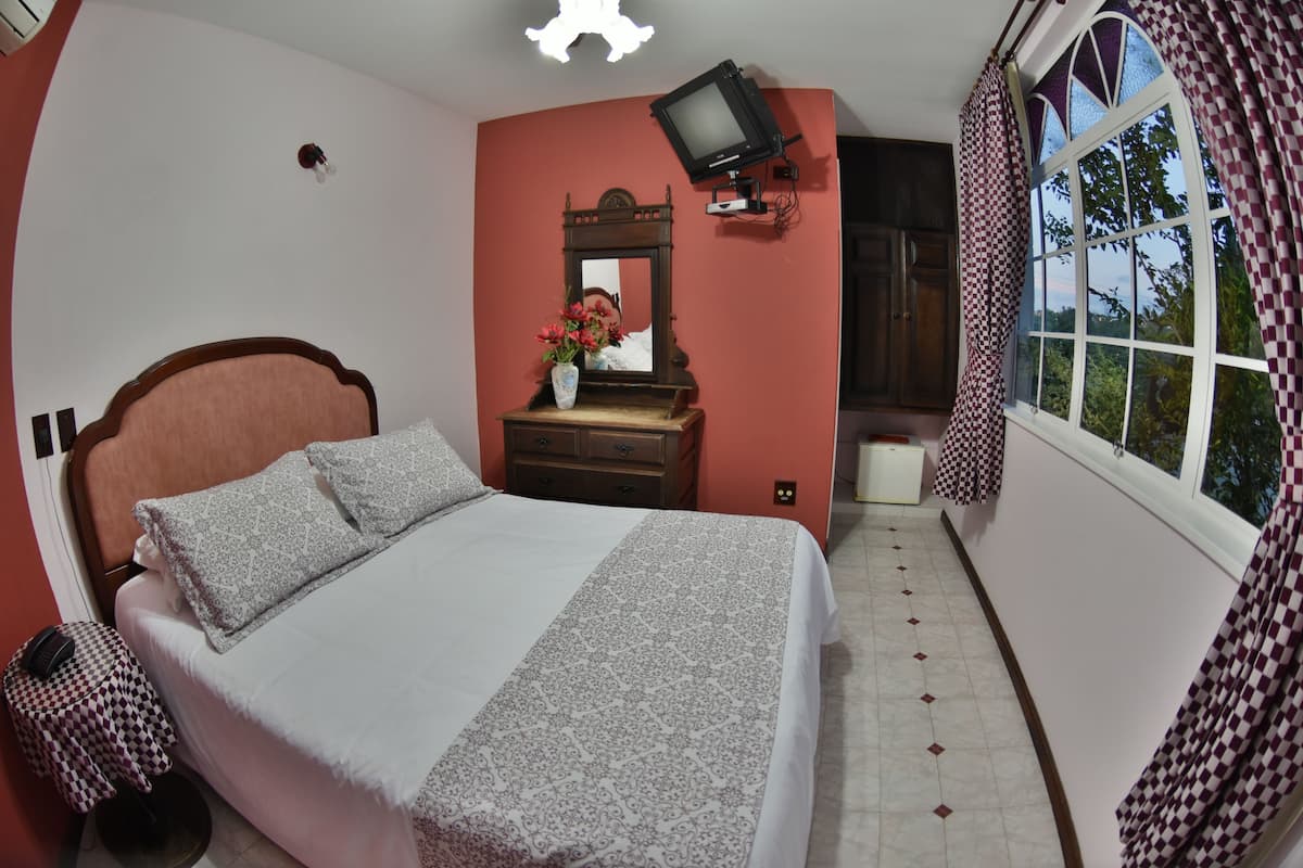 A bedroom with a bed, a dresser, a mirror, a television, and a window with curtains.