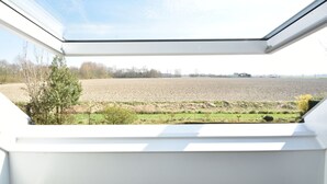 Blick aus einem Fenster mit Oberlicht auf ein Feld und Bäume.