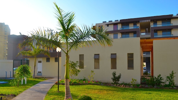 A modern building with a flat roof, multiple balconies, and a well-maintained lawn with a palm tree. - Apartamentos Alma Surire (Arica)