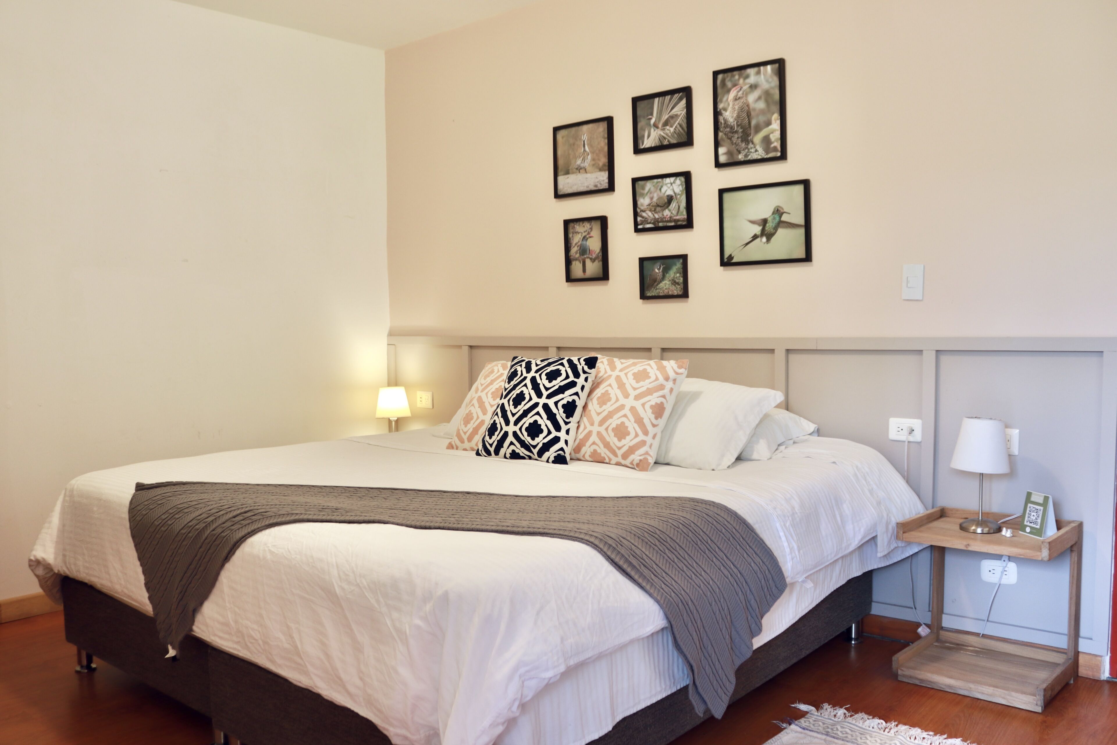 A neatly made bed with a patterned pillow, a bedside table with a lamp, and a wall with framed pictures.