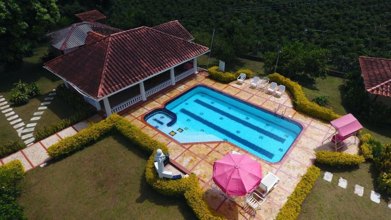 An aerial view of a house with a swimming pool, a covered patio, and a garden.