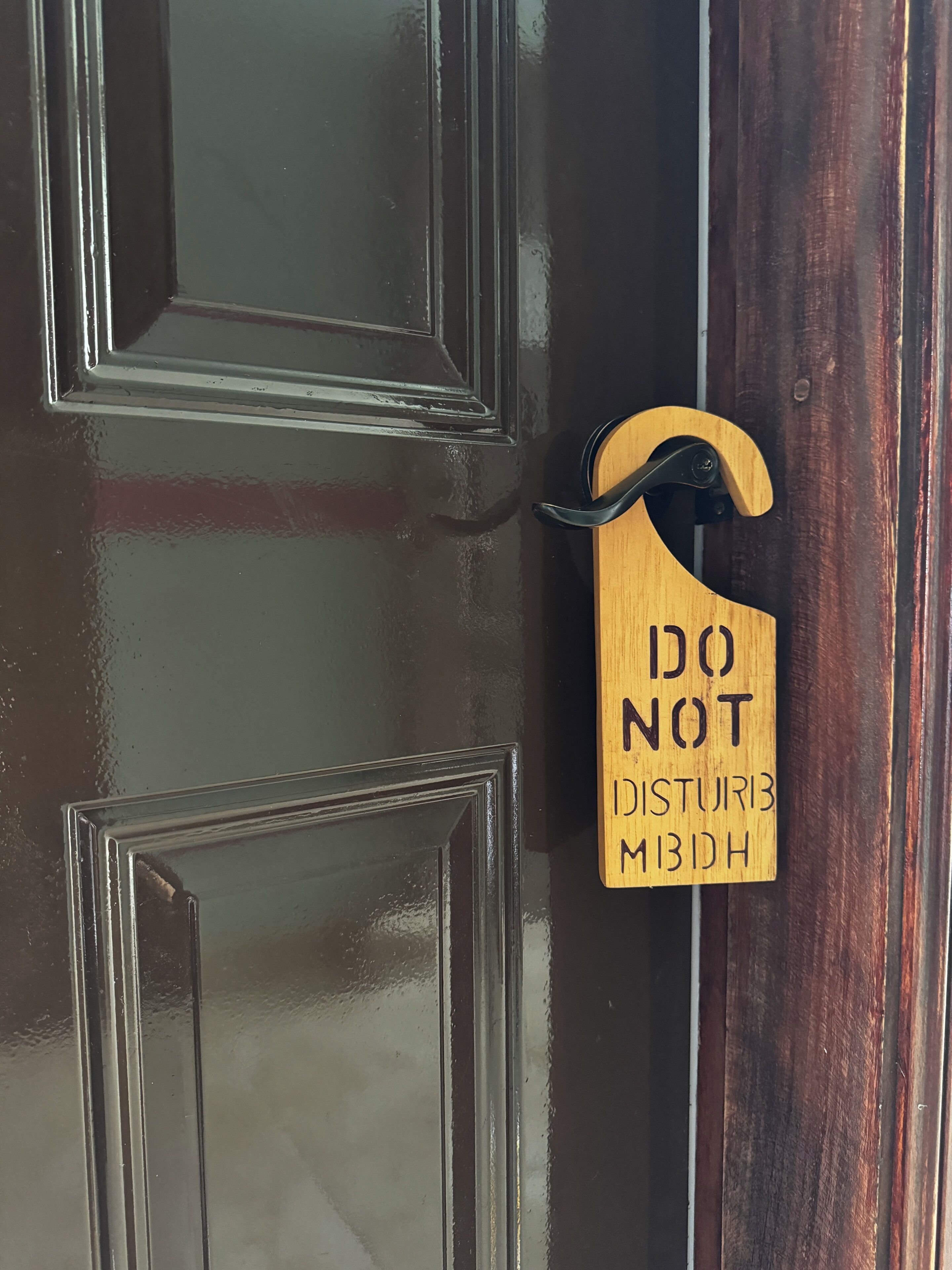 Eine Holztür mit einem Schild, auf dem steht: DO NOT DISTURB.