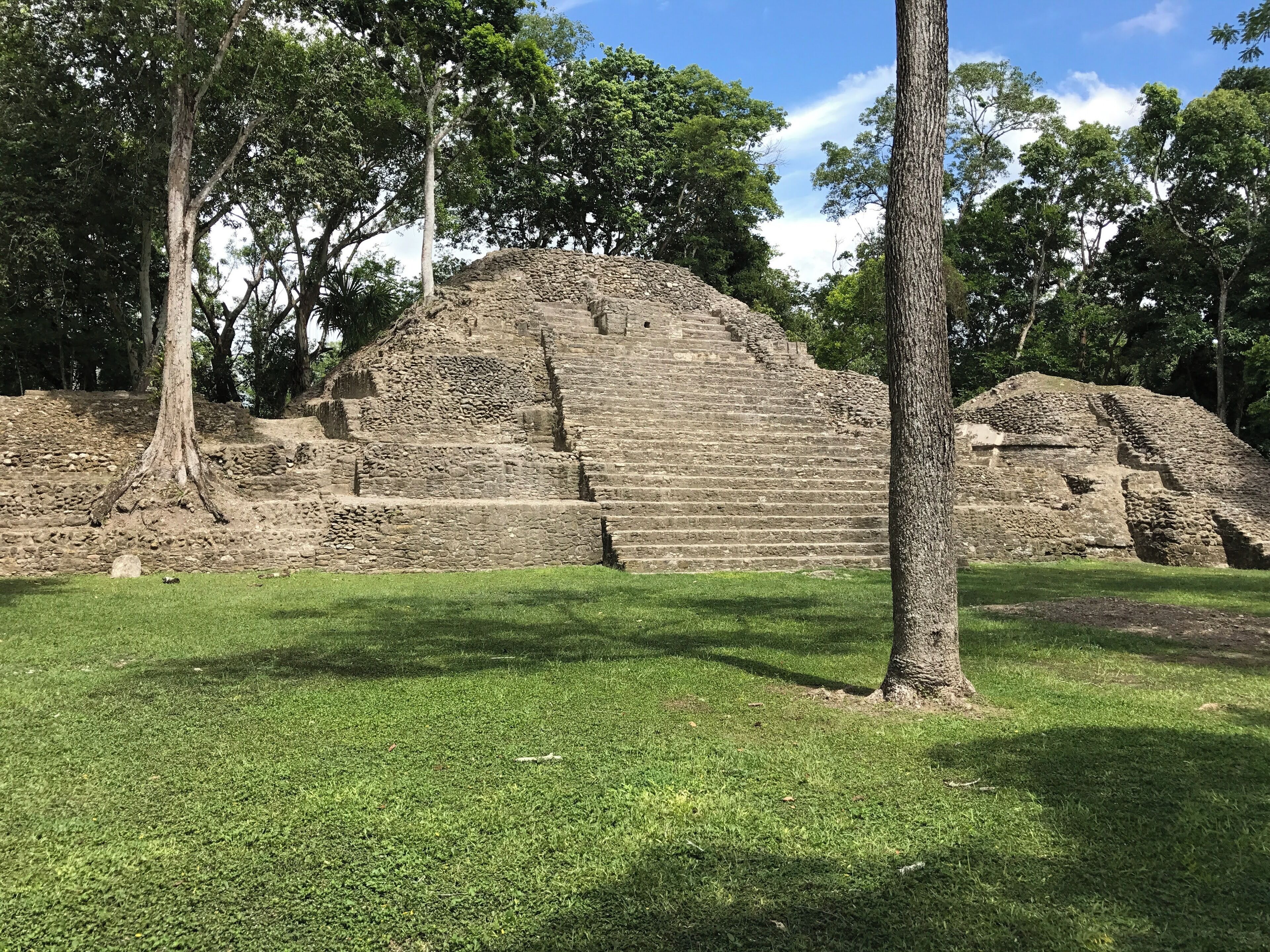Una estructura de piedra con escalones que conducen a una superficie plana, rodeada de césped y árboles.