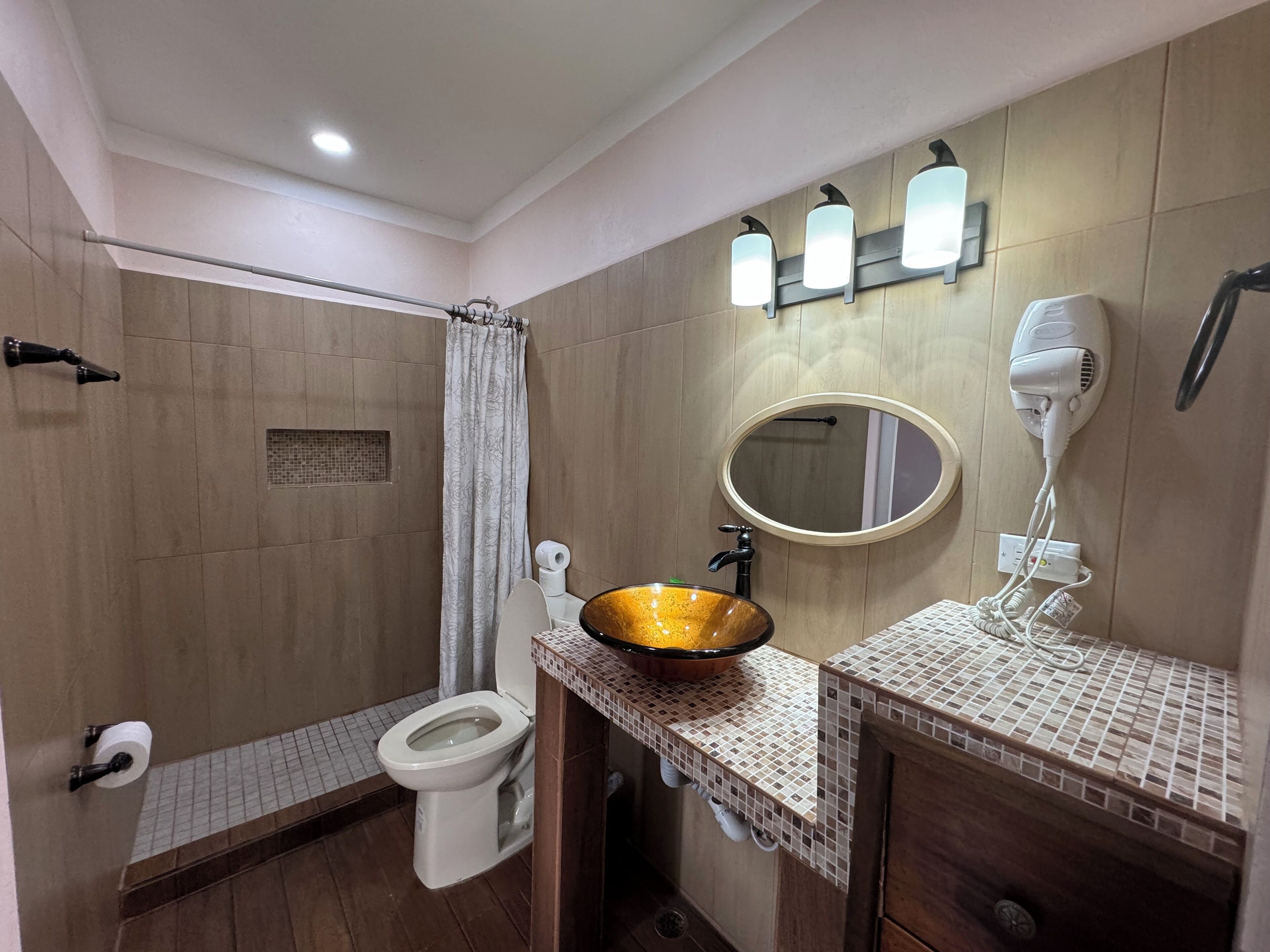 A bathroom with a shower, toilet, sink with a vessel basin, a mirror, and a hairdryer.