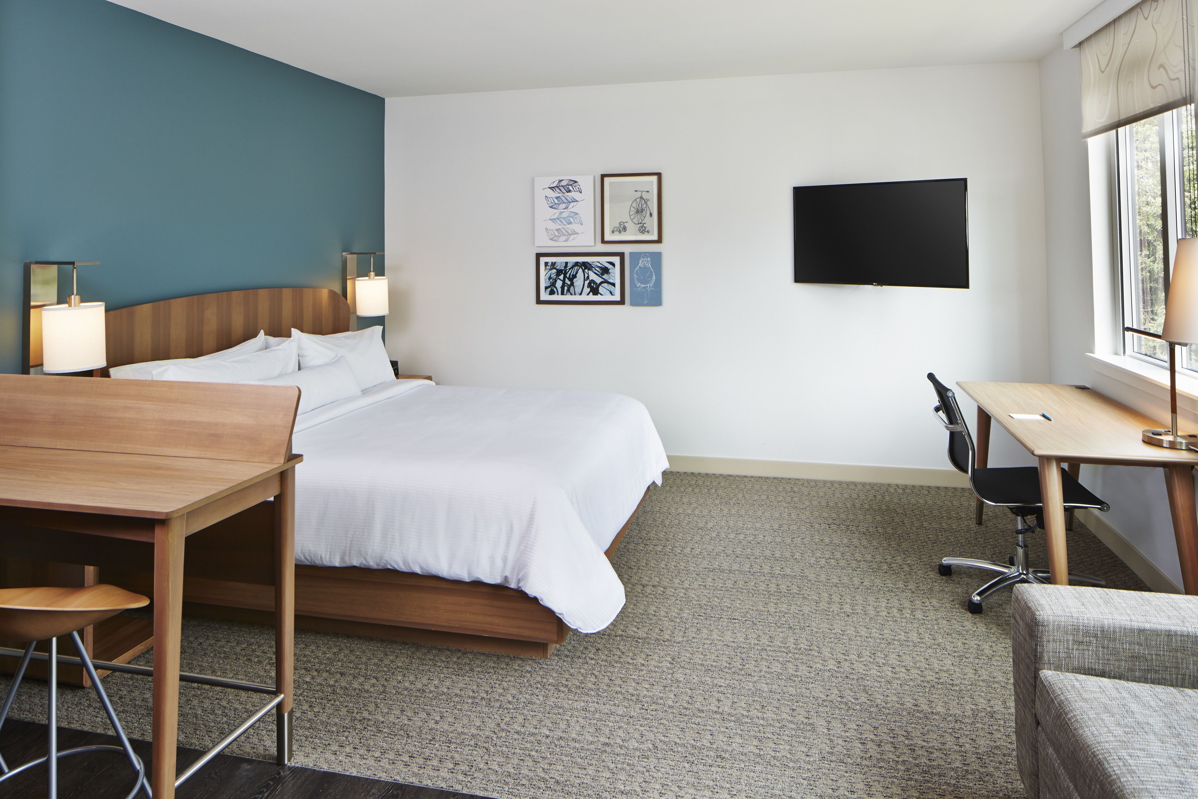 Habitación de hotel con cama, escritorio, silla y televisión en la pared.