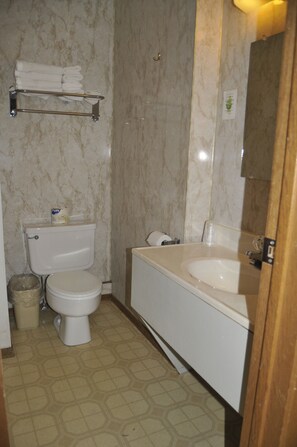 Combined shower/bathtub, free toiletries, towels