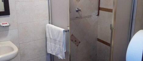 A bathroom with a glass shower enclosure, a sink, and a toilet.