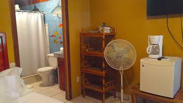 A small hotel room with a shower curtain, a toilet, a fan, a coffee maker, and a TV mounted on the wall.