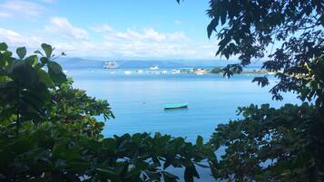 Une vue sur une mer calme, avec un navire de croisière et plusieurs bateaux.