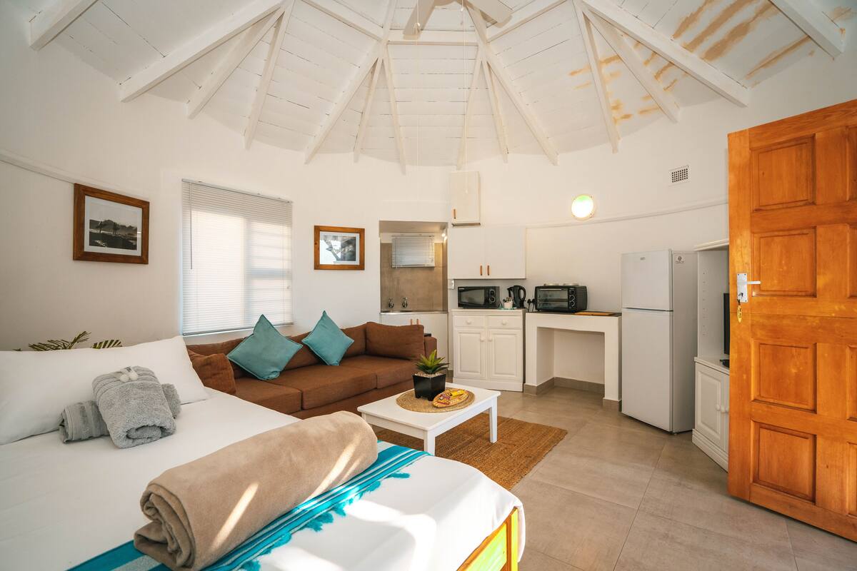 A room with a bed, a brown sofa, a small kitchen area, and a wooden door.