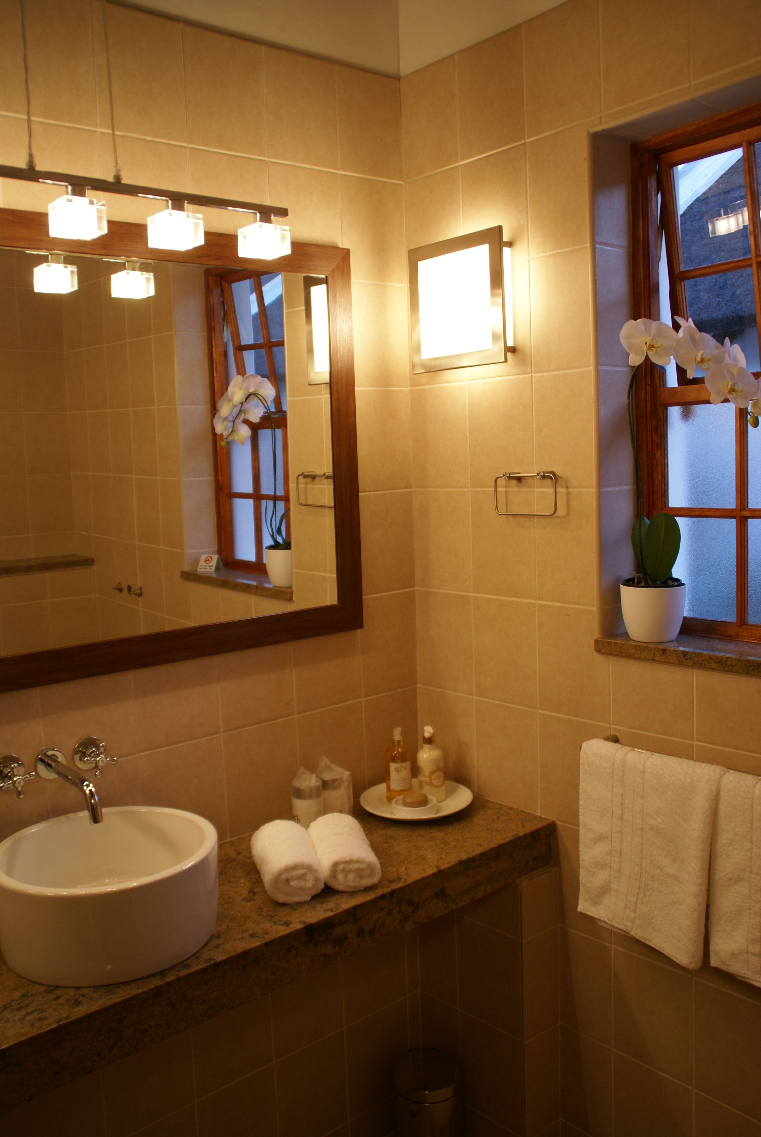 A bathroom with a large mirror, a sink, a window with a plant, and towels on the counter.