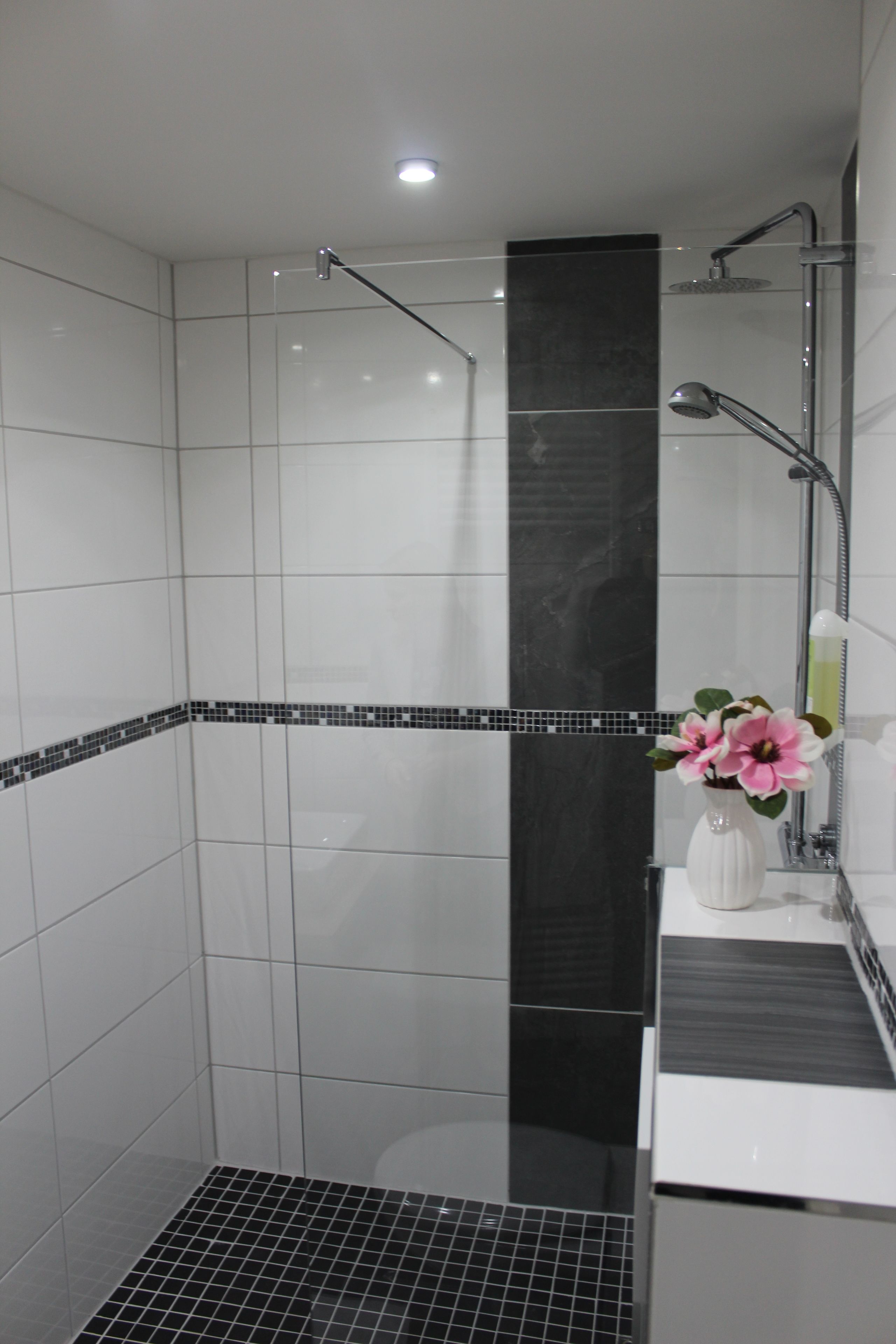 Un baño moderno con ducha, lavabo y espejo.