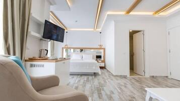 Una habitación de hotel moderna con una cama, un televisor, un escritorio y un área de descanso.