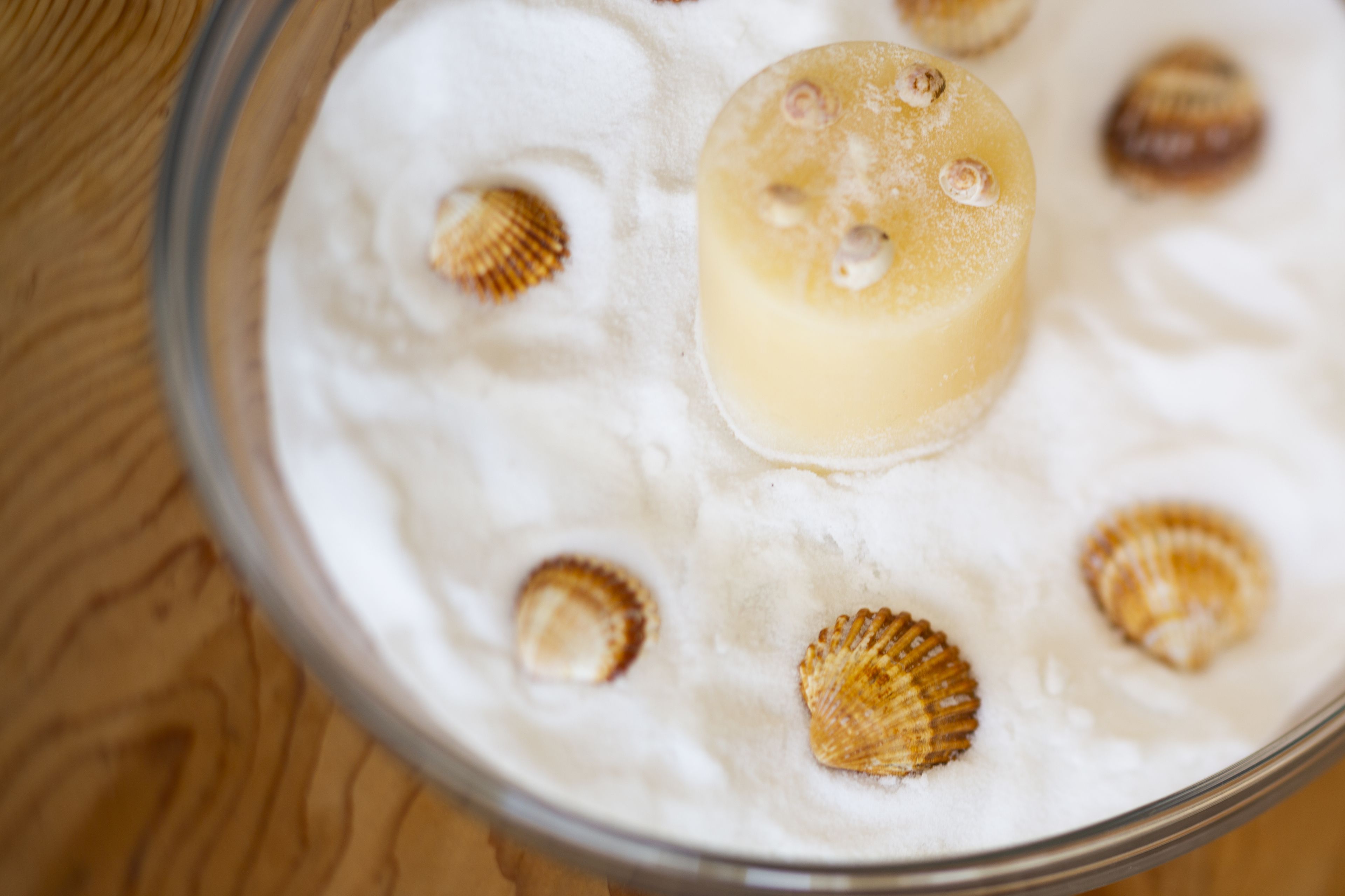A bowl with a yellow substance and seashells.