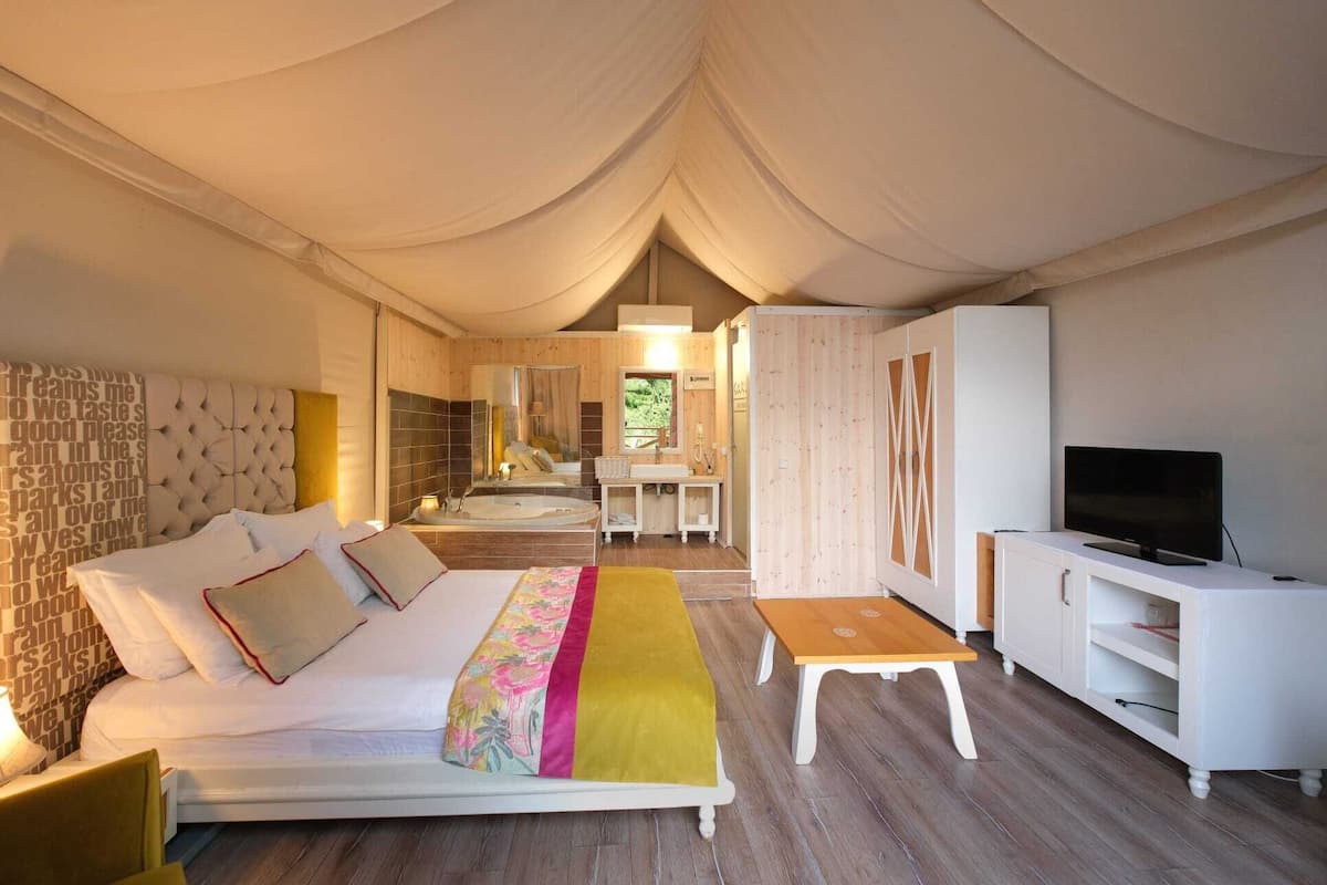 Una habitación con carpa que incluye una cama, un televisor, un escritorio y un baño visible desde la entrada.