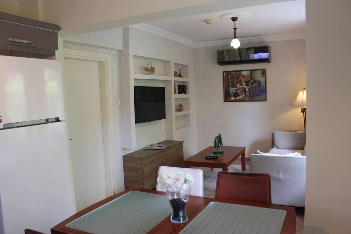 A compact living space with a dining area, a sofa, a TV mounted on the wall, and a small table with a vase of flowers.
