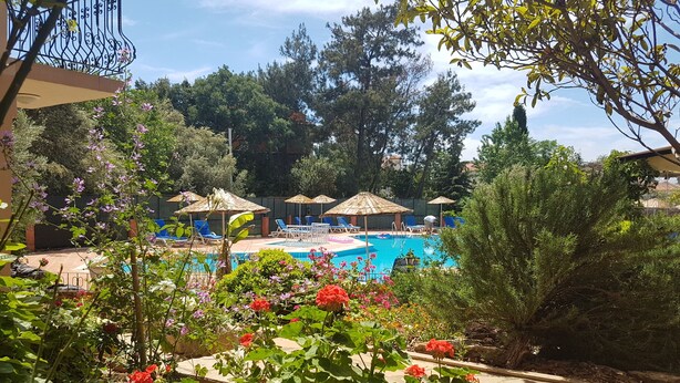 Zona de piscina con sillas de descanso y sombrillas, rodeada de abundante vegetación y plantas en flor.