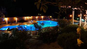 Seasonal outdoor pool, pool umbrellas, pool loungers