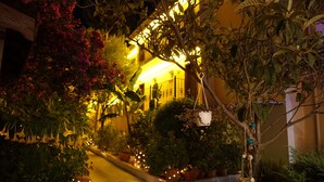 Vista nocturna de un patio con plantas en macetas, un farol colgante y un sendero que lleva a un edificio con iluminación cálida.