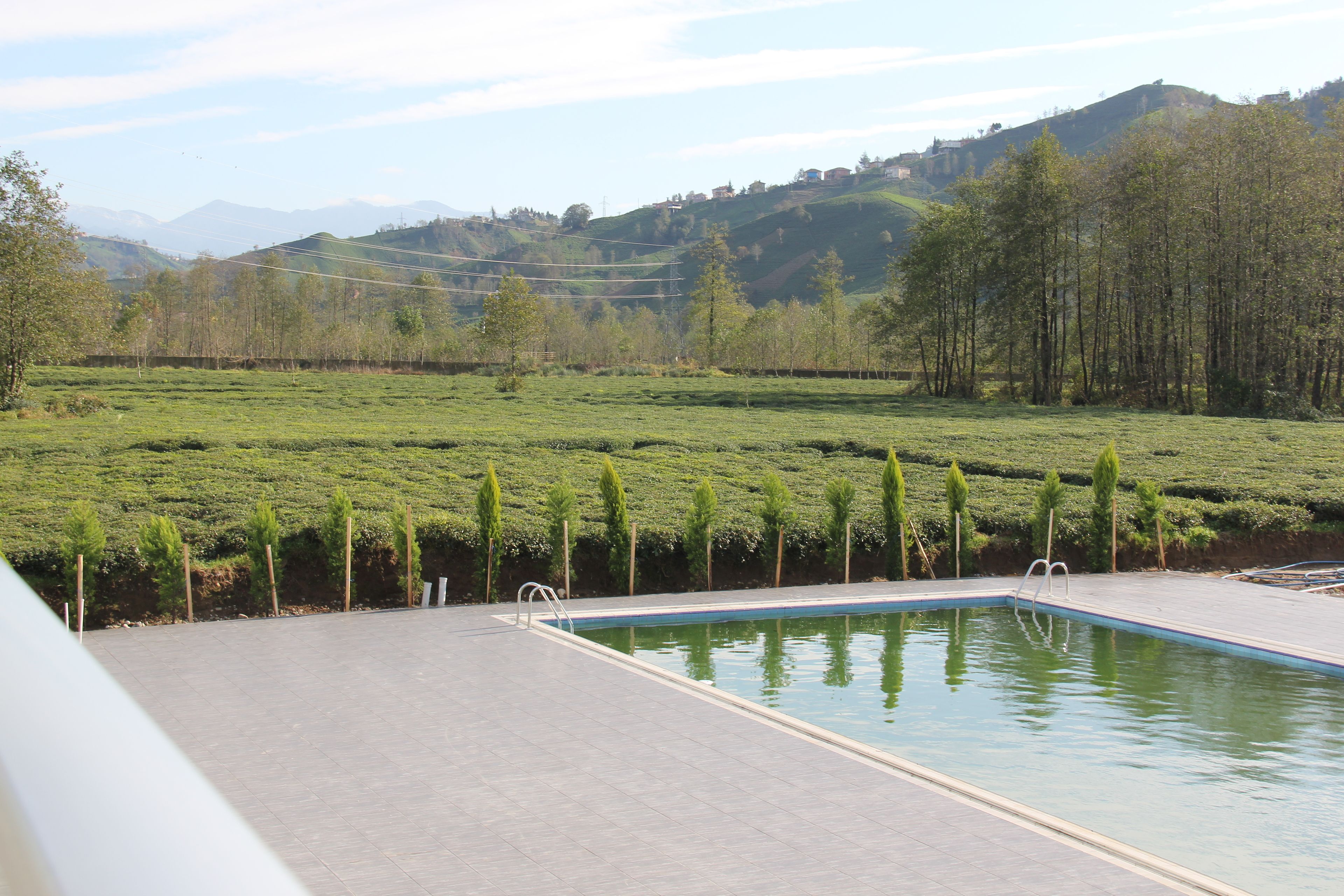Piscina con vistas a un campo verde y colinas lejanas.