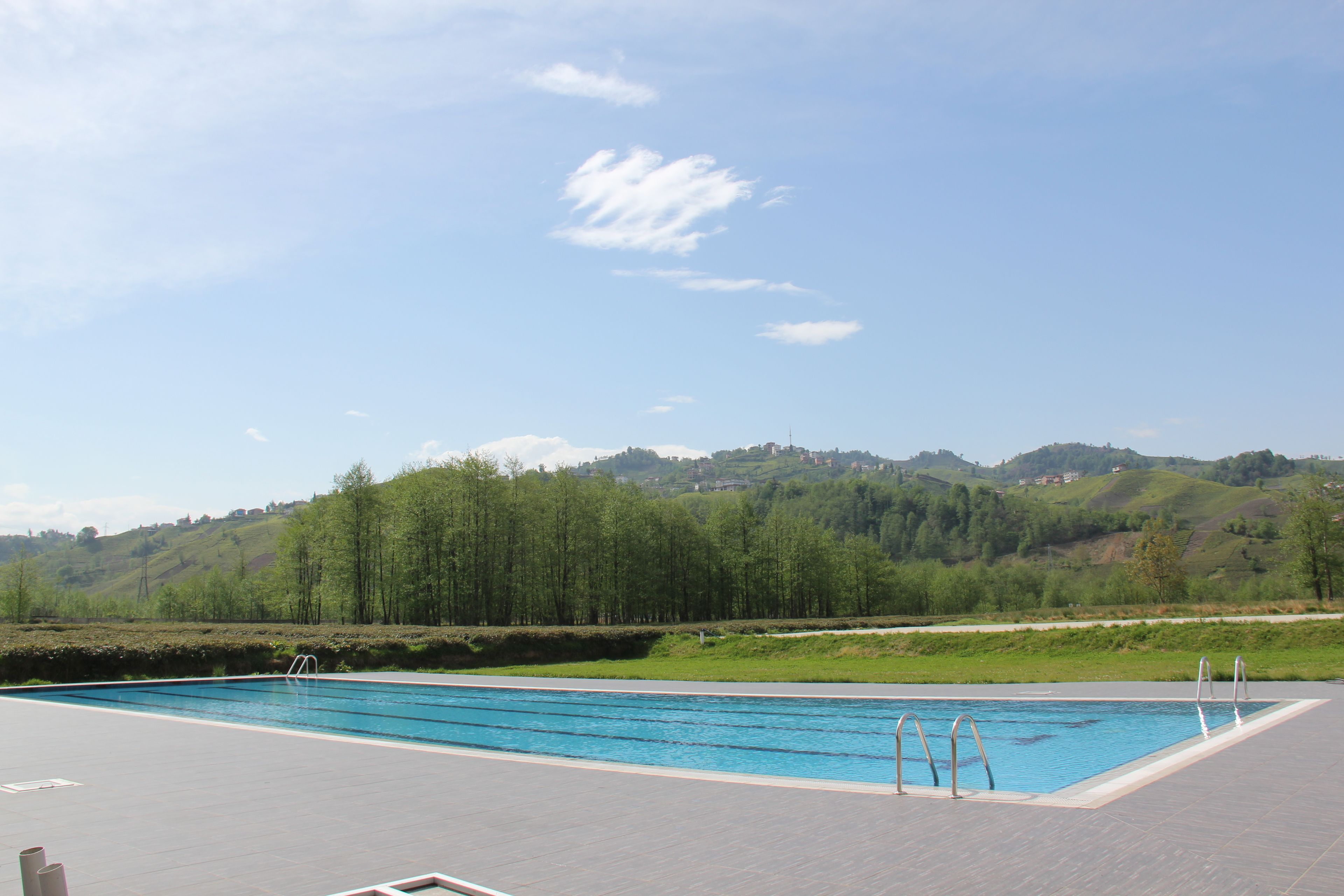 A rectangular swimming pool with two ladders on one side, surrounded by a paved deck.