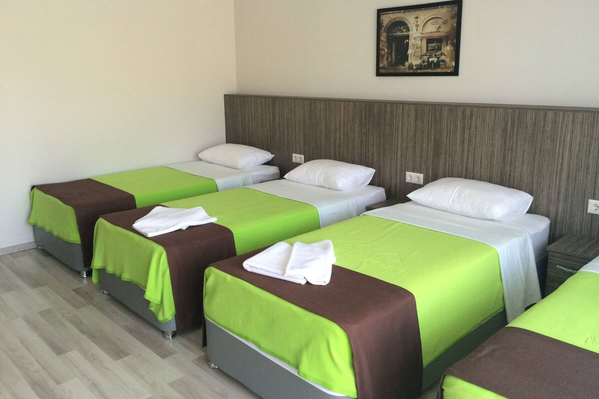 A hotel room with four single beds, each with a green and brown bedspread, white pillows, and a wooden headboard.