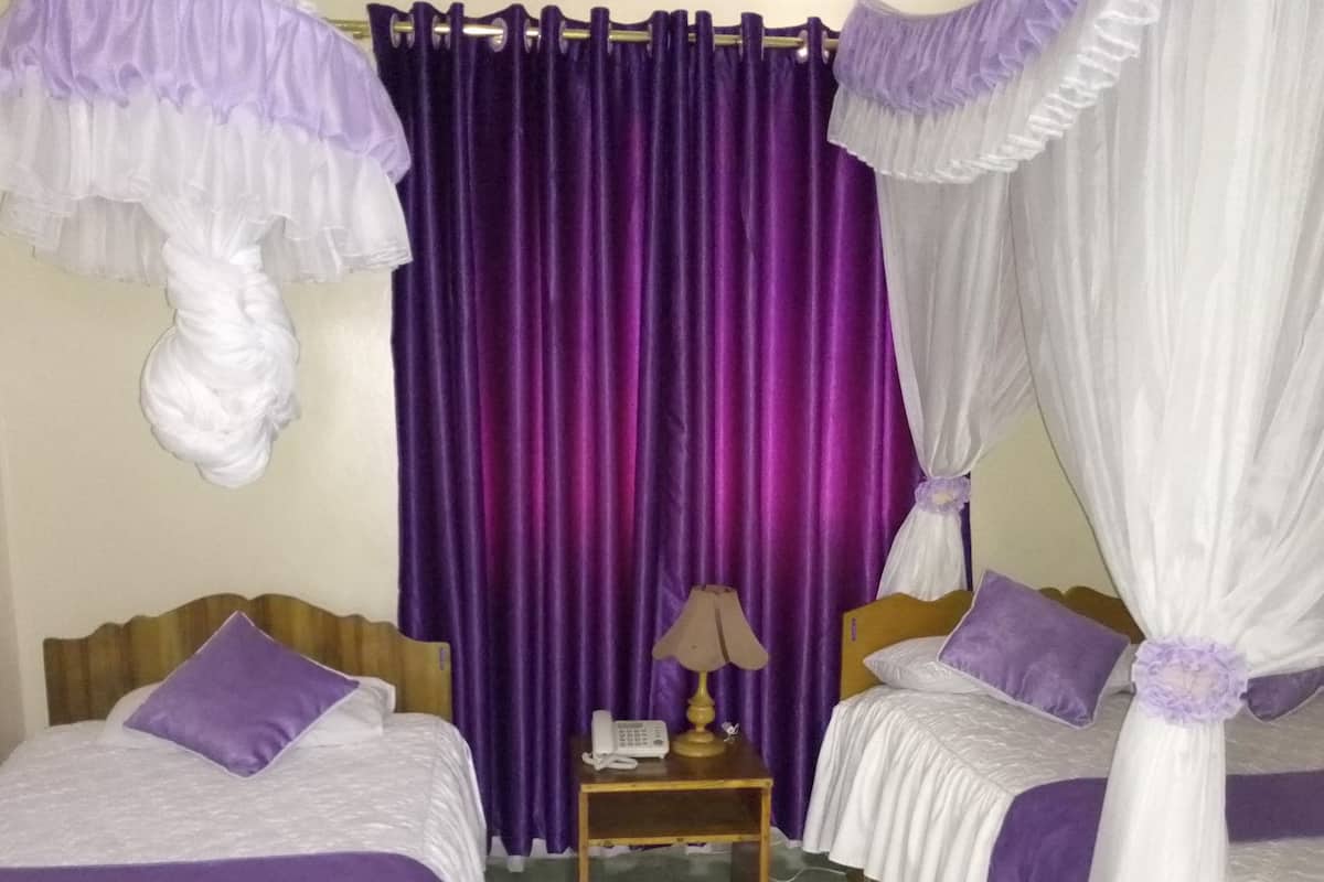 A hotel room with two beds, purple bedding, a nightstand with a lamp, and purple curtains.
