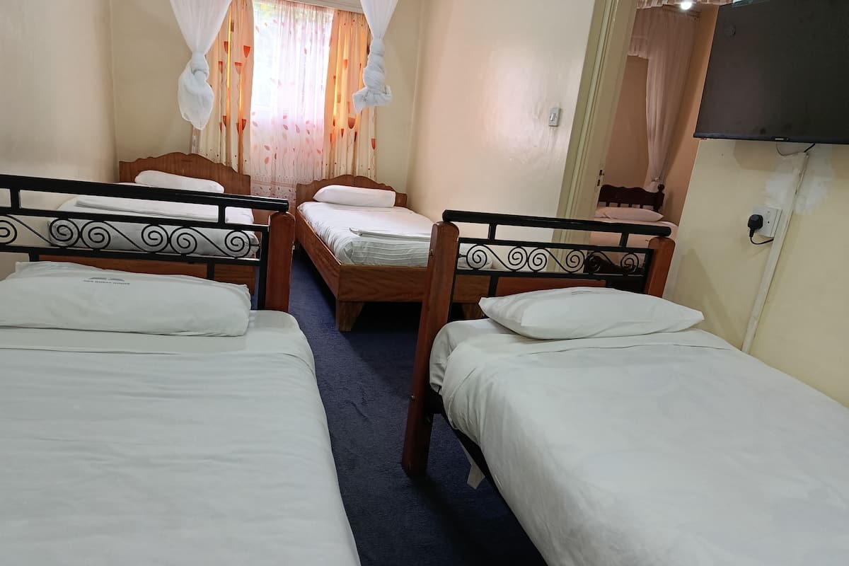A hotel room with three single beds, a wooden headboard, a TV mounted on the wall, and a window with sheer curtains.