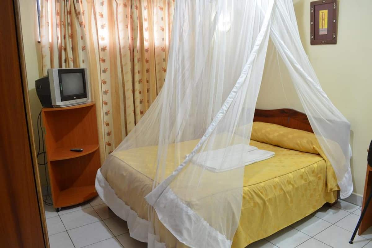 A room with a bed under a mosquito net, a television on a shelf, and curtains with a pattern.