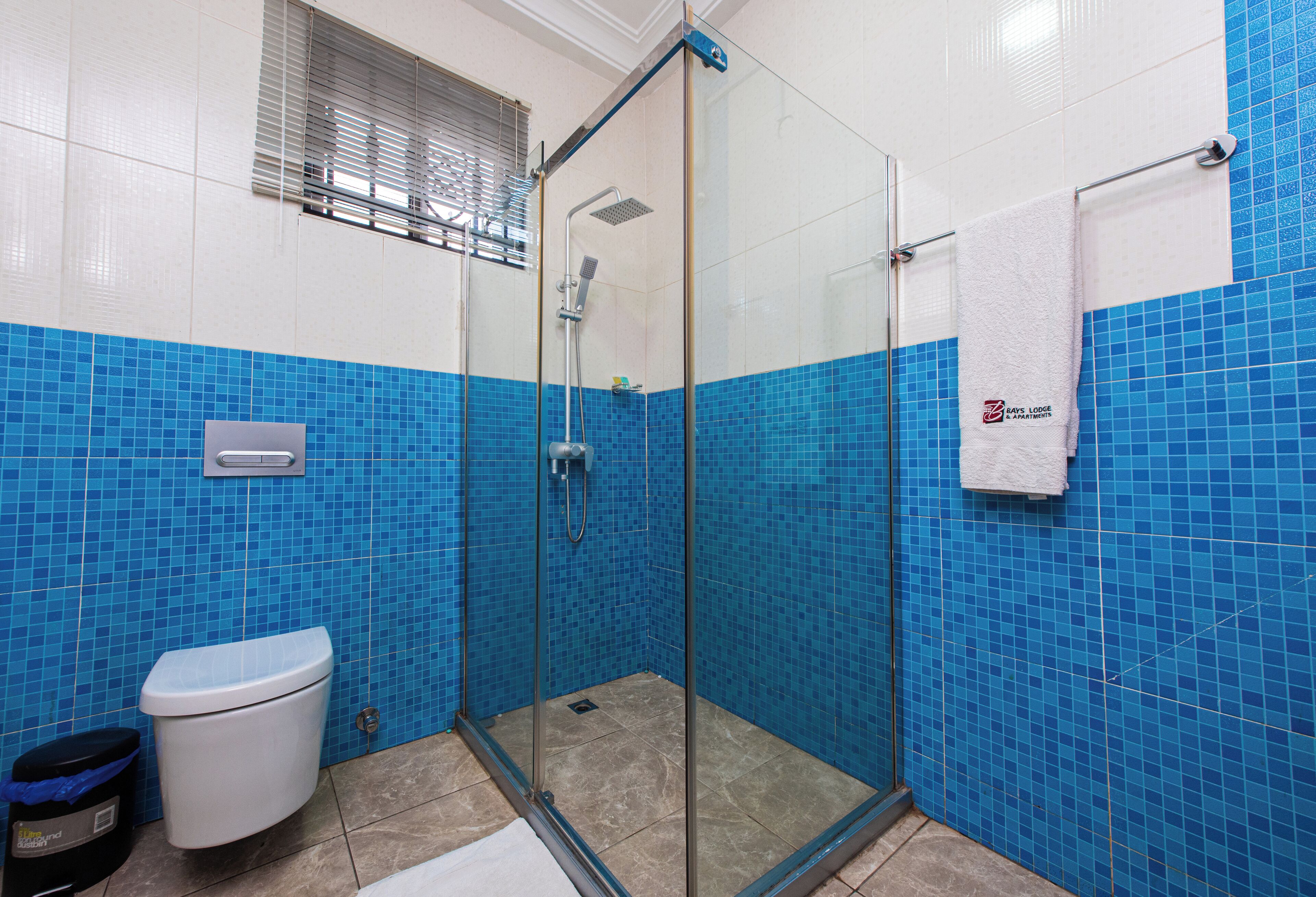 A bathroom with a glass shower enclosure, a toilet, and a towel rack with a towel.