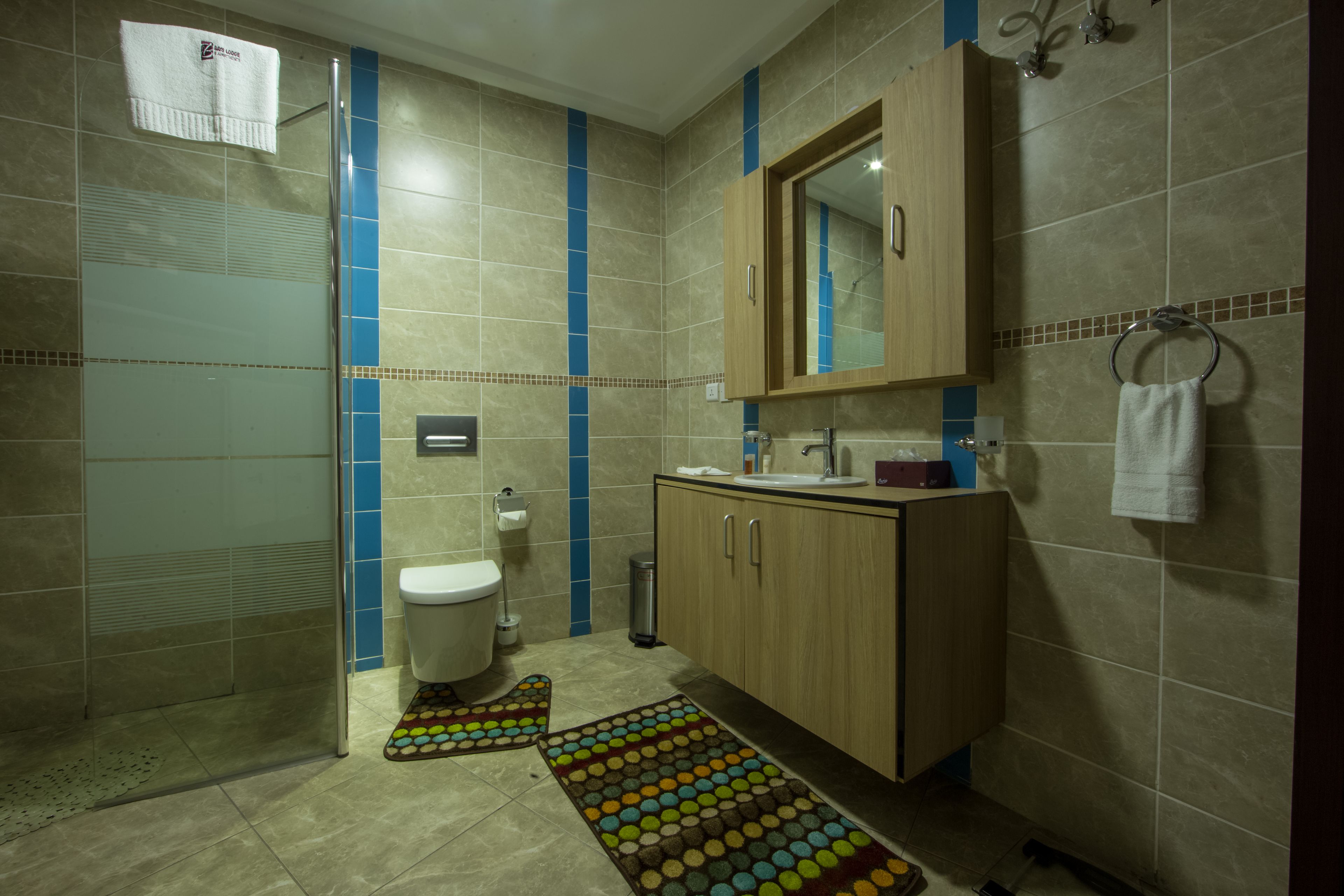 A bathroom with a toilet, sink, wooden cabinet, mirror, and a shower area.