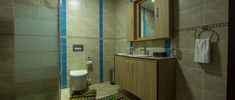 A bathroom with a toilet, sink, wooden cabinet, mirror, and a shower area.