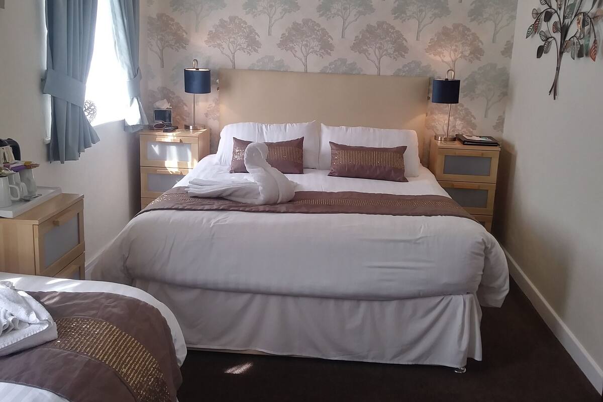 Quarto de hotel com uma cama grande, duas mesas de cabeceira, uma luminária e uma parede com papel de parede de árvores.