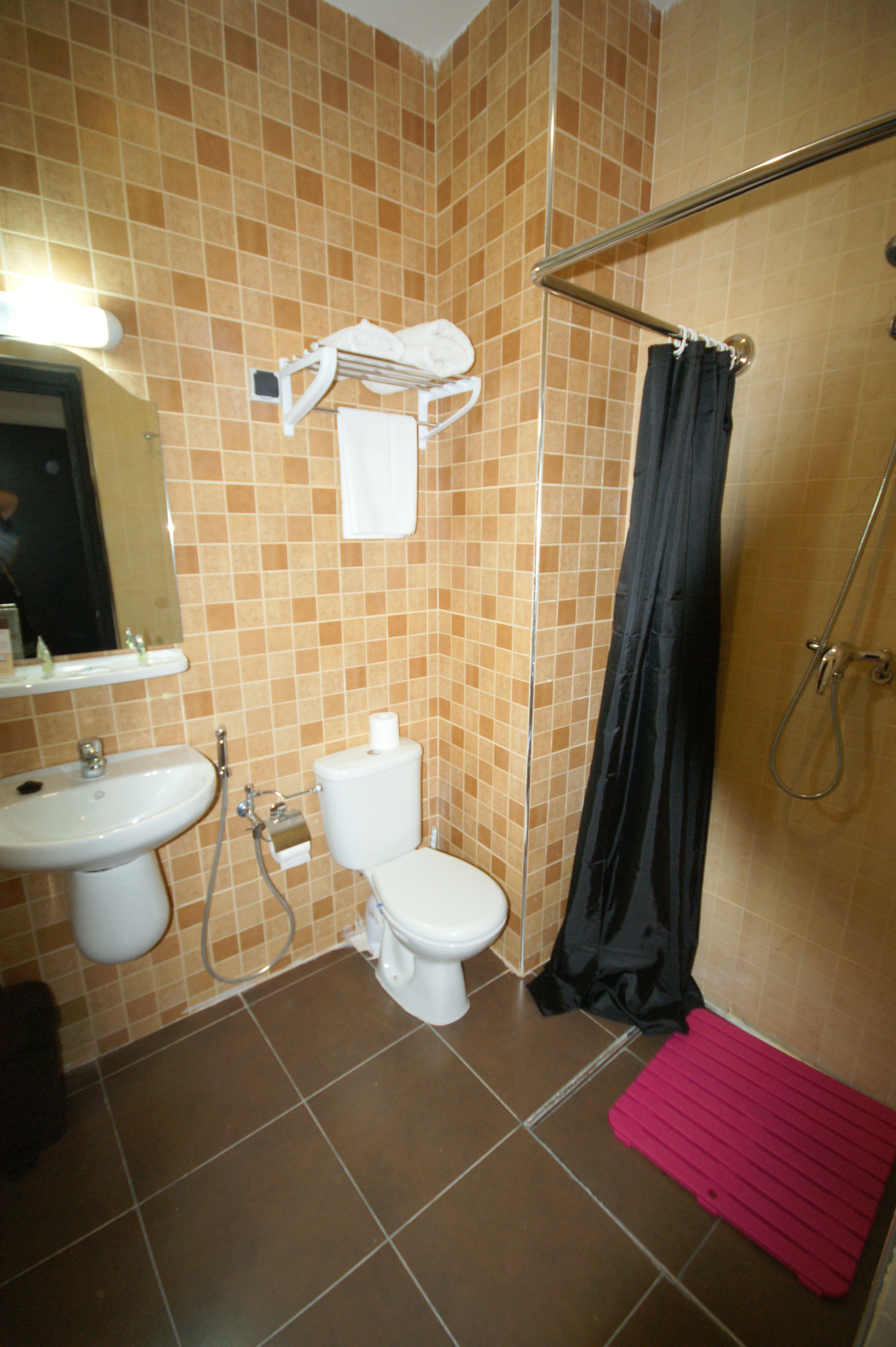 A bathroom with a sink, toilet, and shower.