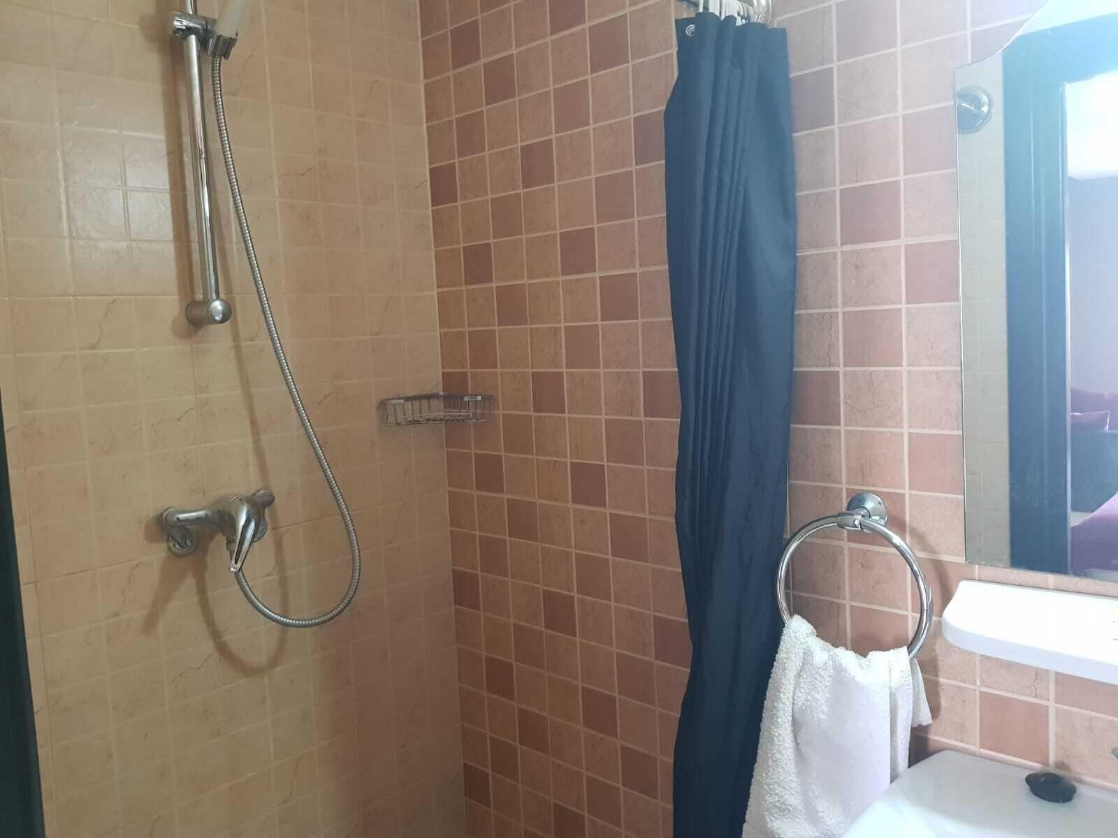 A bathroom with a shower, a sink, and a mirror.