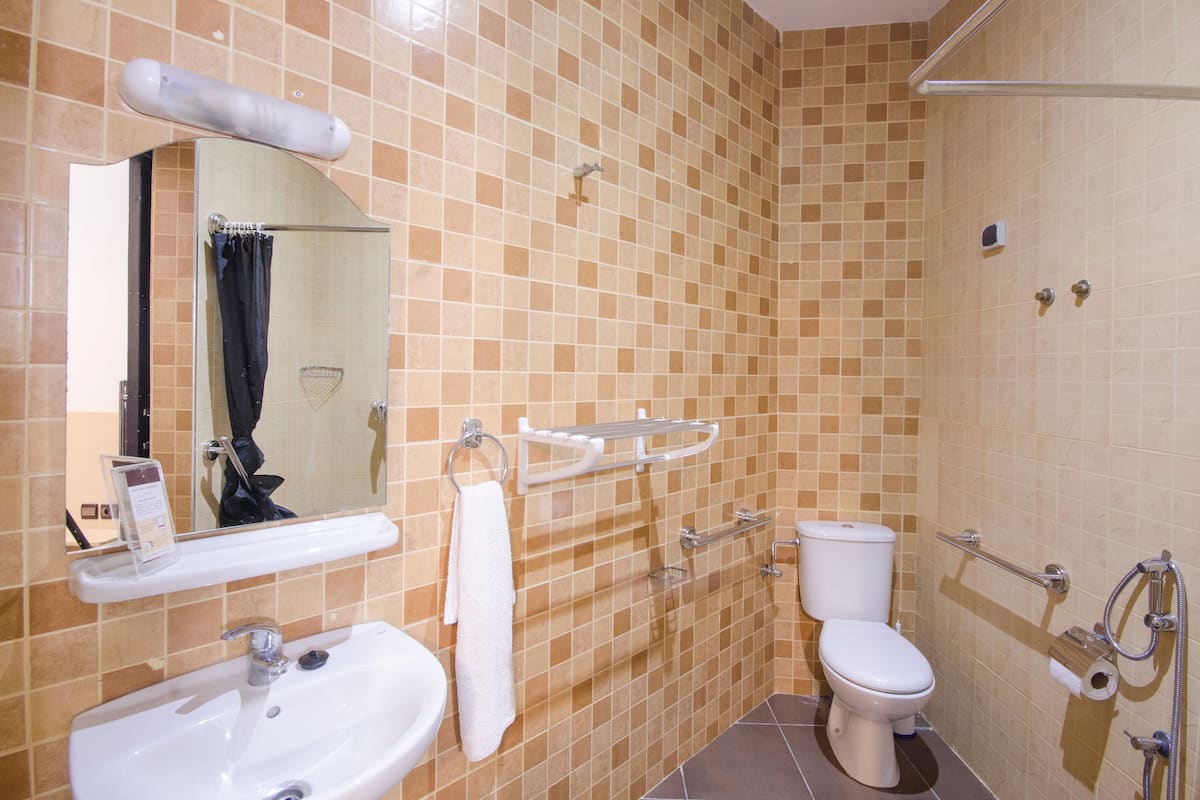 standard double room | bathroom | shower, rainfall showerhead, towels