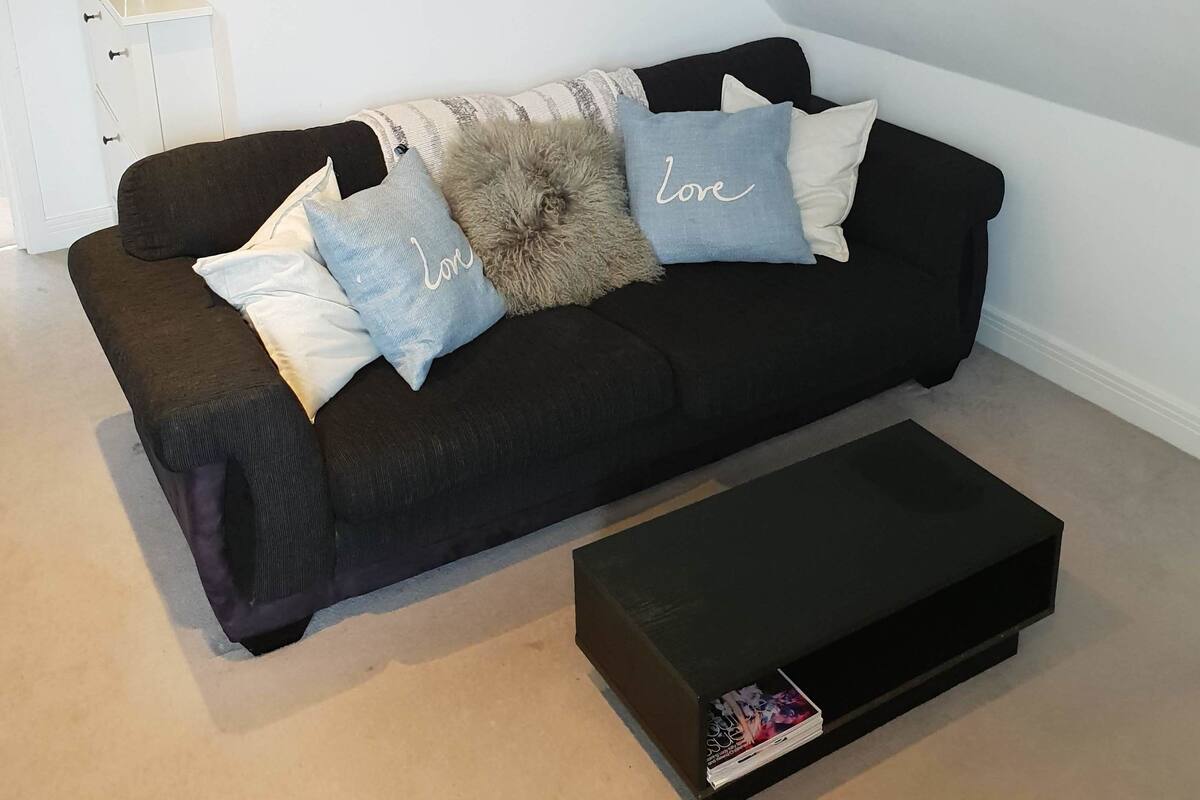A dark brown sofa with three decorative pillows, a small white side table with a plant, and a framed picture on the wall.