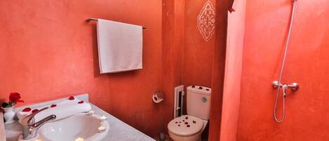 Uma casa de banho com uma sanita, chuveiro e lavatório branco.