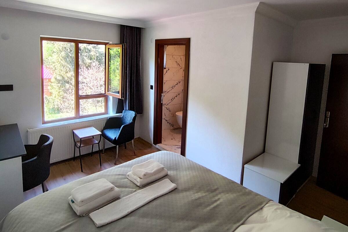 A modern hotel room with a large bed, a desk, and a chair. There is a window providing natural light and a view of greenery outside.