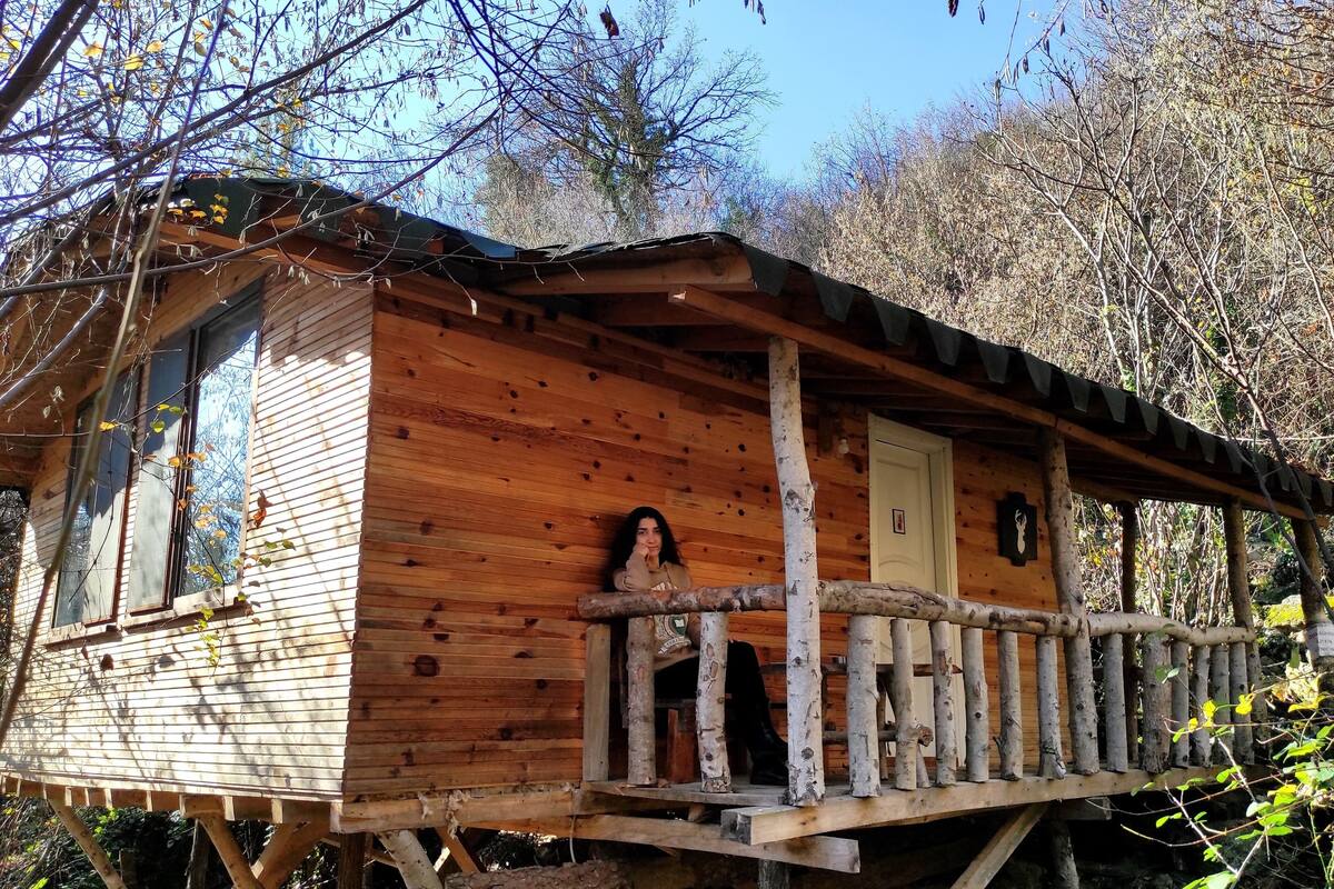 A wooden cabin with a balcony, a door, and windows.