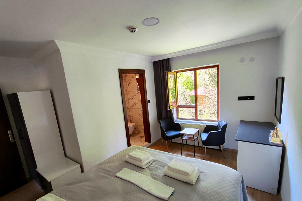 Habitación de hotel con cama, escritorio, silla, mesita, televisor y ventana con vista a zonas verdes.