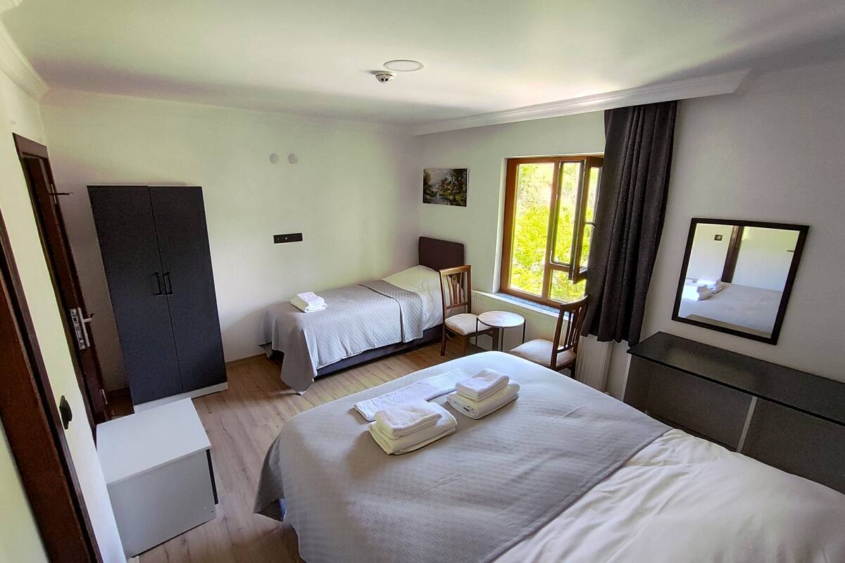A hotel room with two beds, a desk, a wardrobe, and a window with curtains.