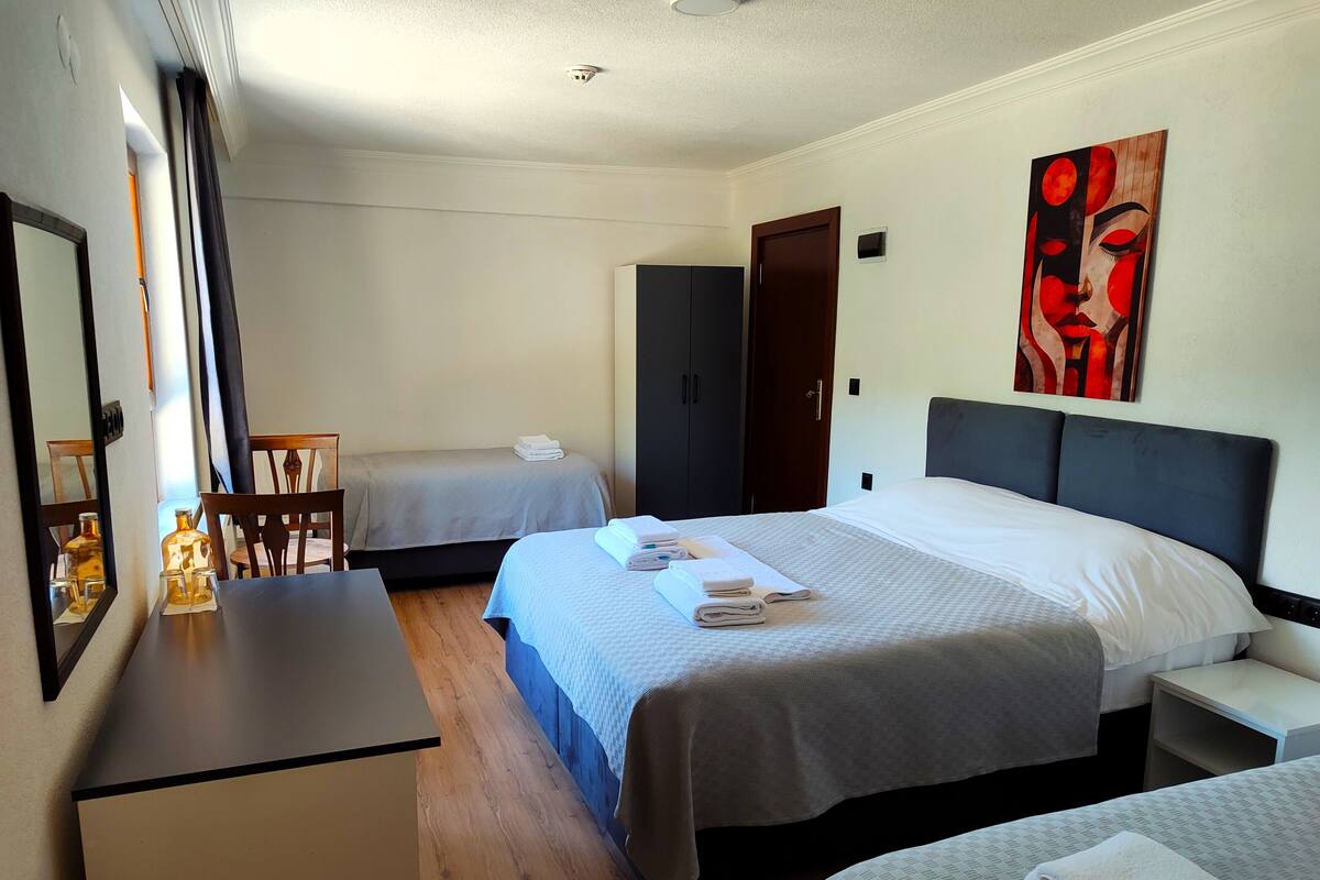 A hotel room with a bed, a desk, a chair, a wardrobe, and a painting on the wall.